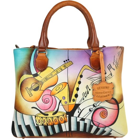 Unique Hand-Painted Leather Satchel for Women with Musical Print - Elegant Boho